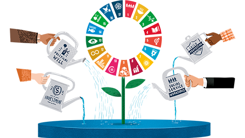 Agenda 2030 wheel in a plant shape with hands pouring water in it.