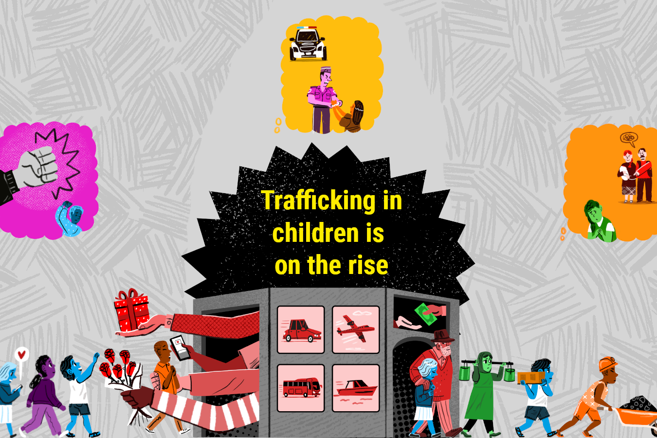 Illustration with the text Trafficking in children on the rise and illustrations of children being trafficked.