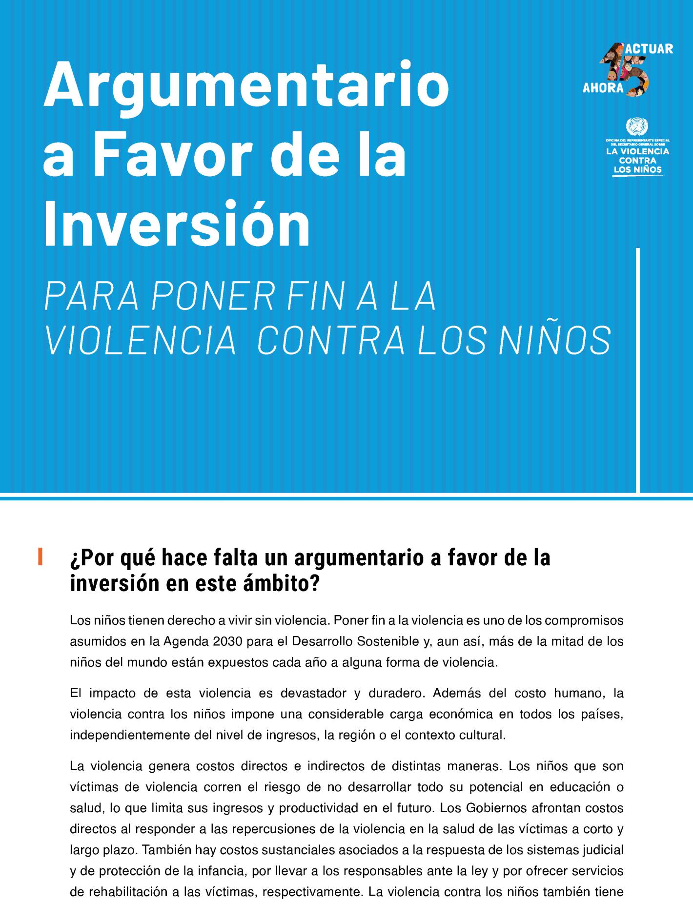 Portada del informe sobre Argumentario a Favor de la Inversión para poner fin a la violencia contra los niños