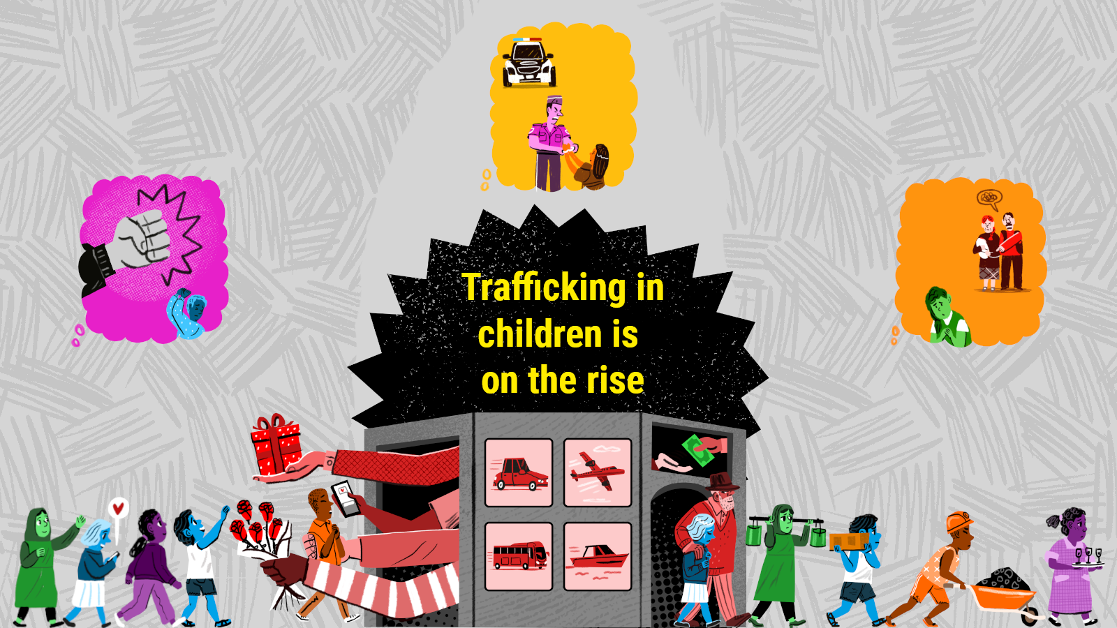 Illustrative graphic with the text, "Trafficking in children on the rise"